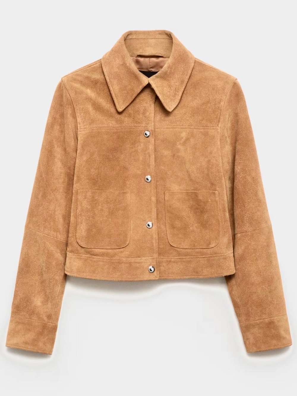 Mango Suede Button-Front Crop Jacket in Camel